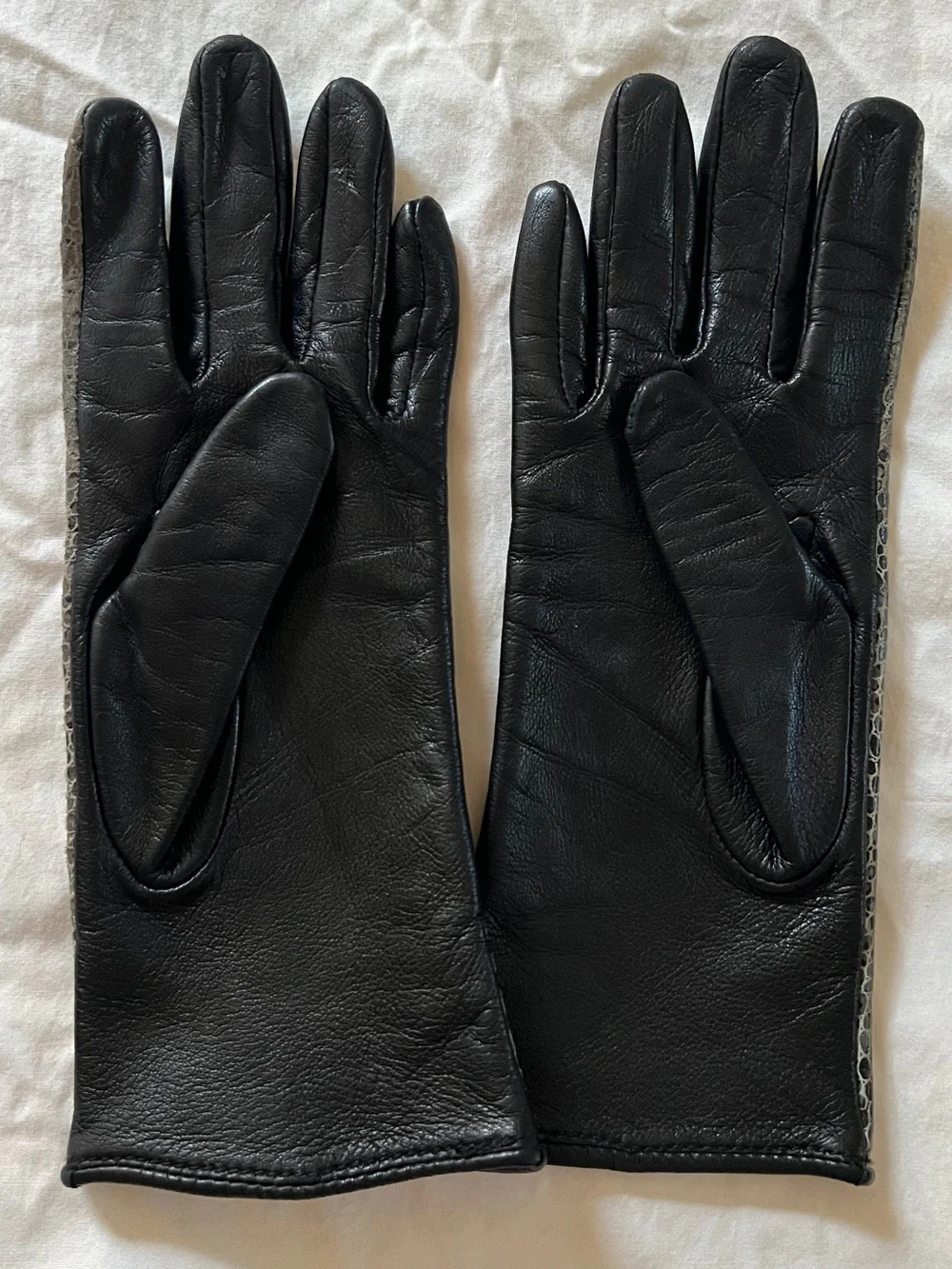 Black and Gray Leather Gloves with Textured Snakeskin front